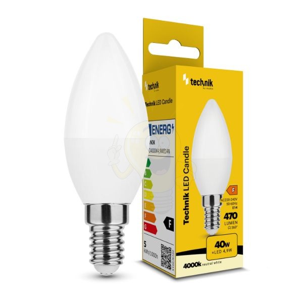 Technik LED Izzó Gyertya (Candle) C37 4,9W E14 200° 4000K (470 lumen) ERP
