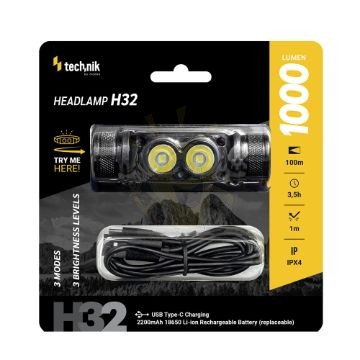 Technik Fejlámpa H32 (+1x18650) OSRAM P9 + USB-C (1000 lumen)
